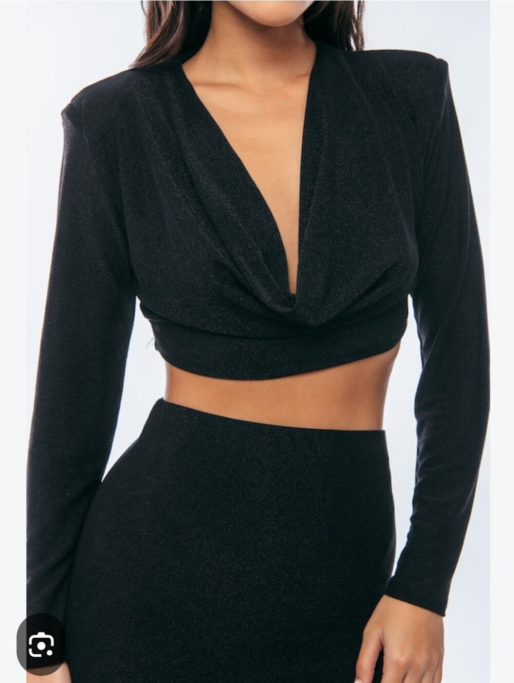 Black Draped Cowl Neck Long Sleeve Stretch Crop Top. Mediun